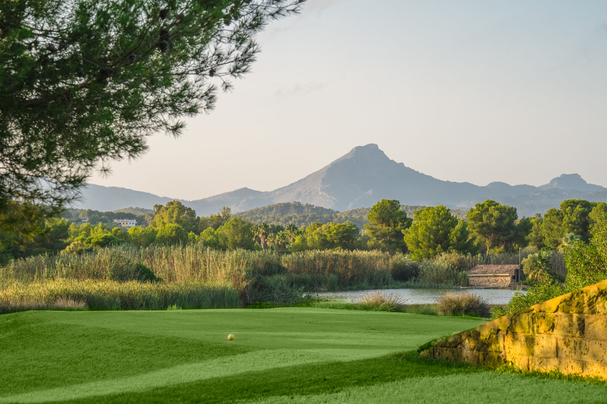 Tee box with trees and a pond around with mountains in the distance