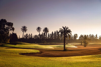 Fairway with bunkers with palm tree in the bunker before the green at Amelkis Golf Course