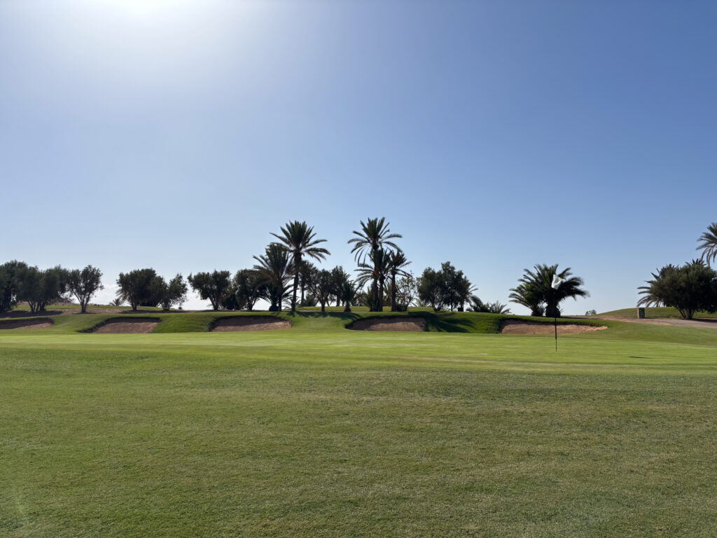 View of greenside and surrounding four bunkers