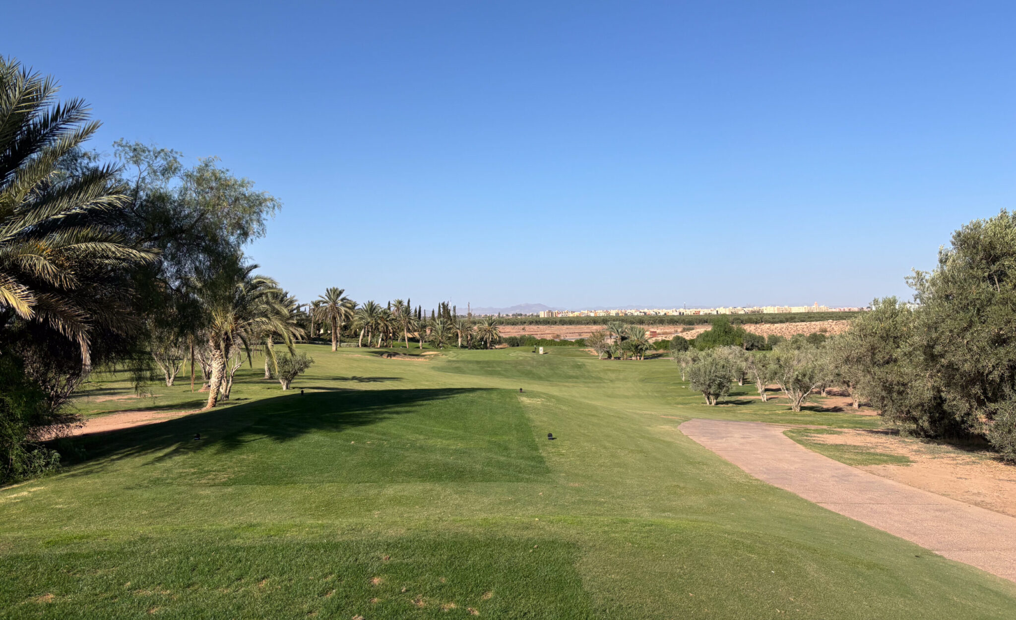 Tee box view overlookig fairway and distant horizon at Assoufid Golf Club
