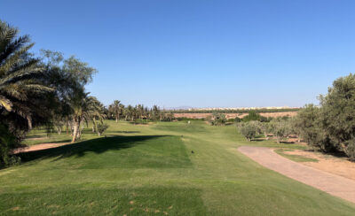Tee box view overlookig fairway and distant horizon at Assoufid Golf Club