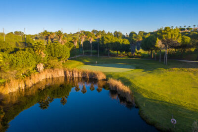 Hole with a lake and trees around on a sunny afternoon