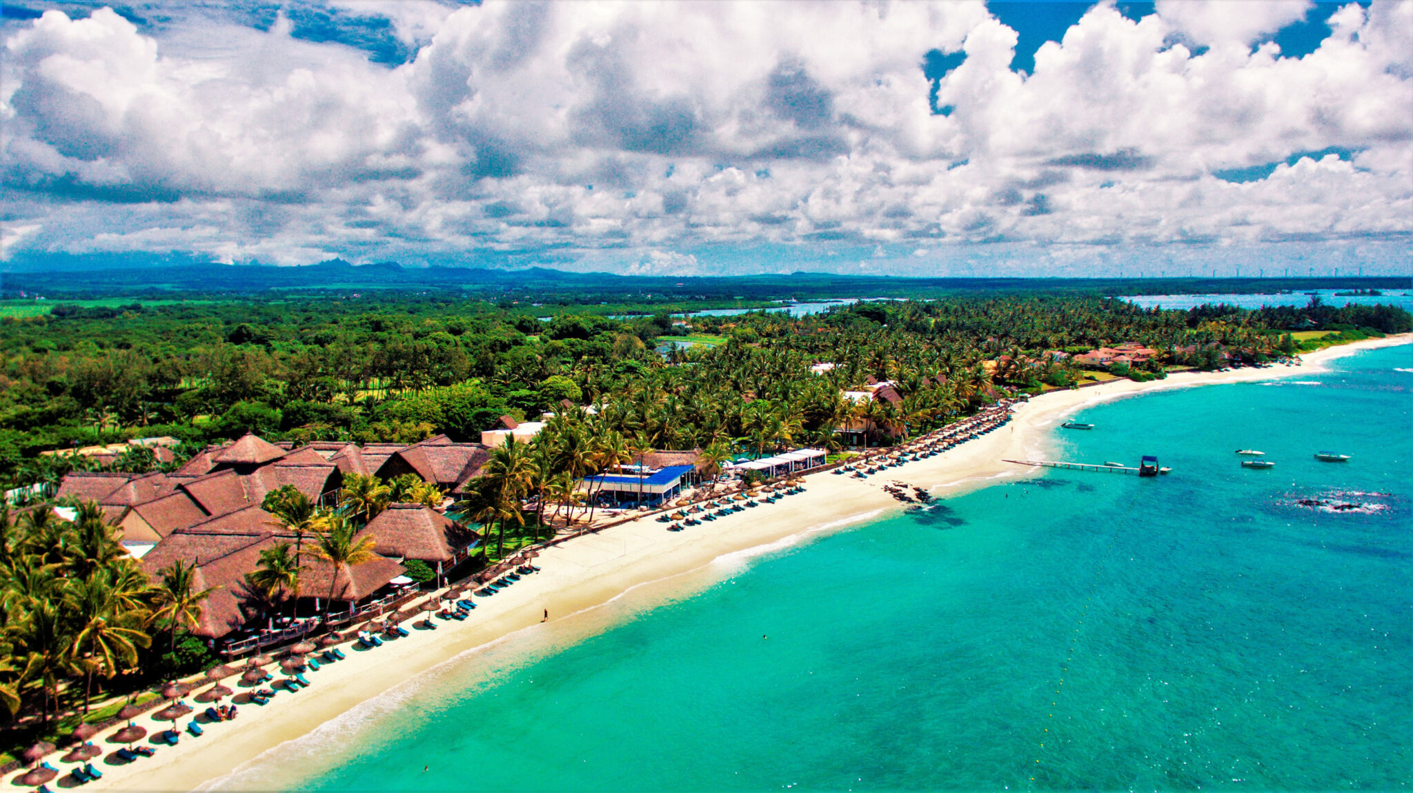 Aerial view of Constance Belle Mare Plage with a white sandy beach