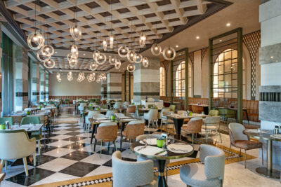 Restaurant area within the hotel, with tables and seating plentiful