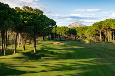 Fairway with trees around and bunkers, with a hill in the distance at Emporda Forest Course