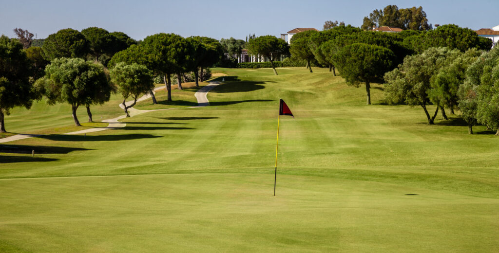 Hole with red flag and trees around at Fairplay Golf Club