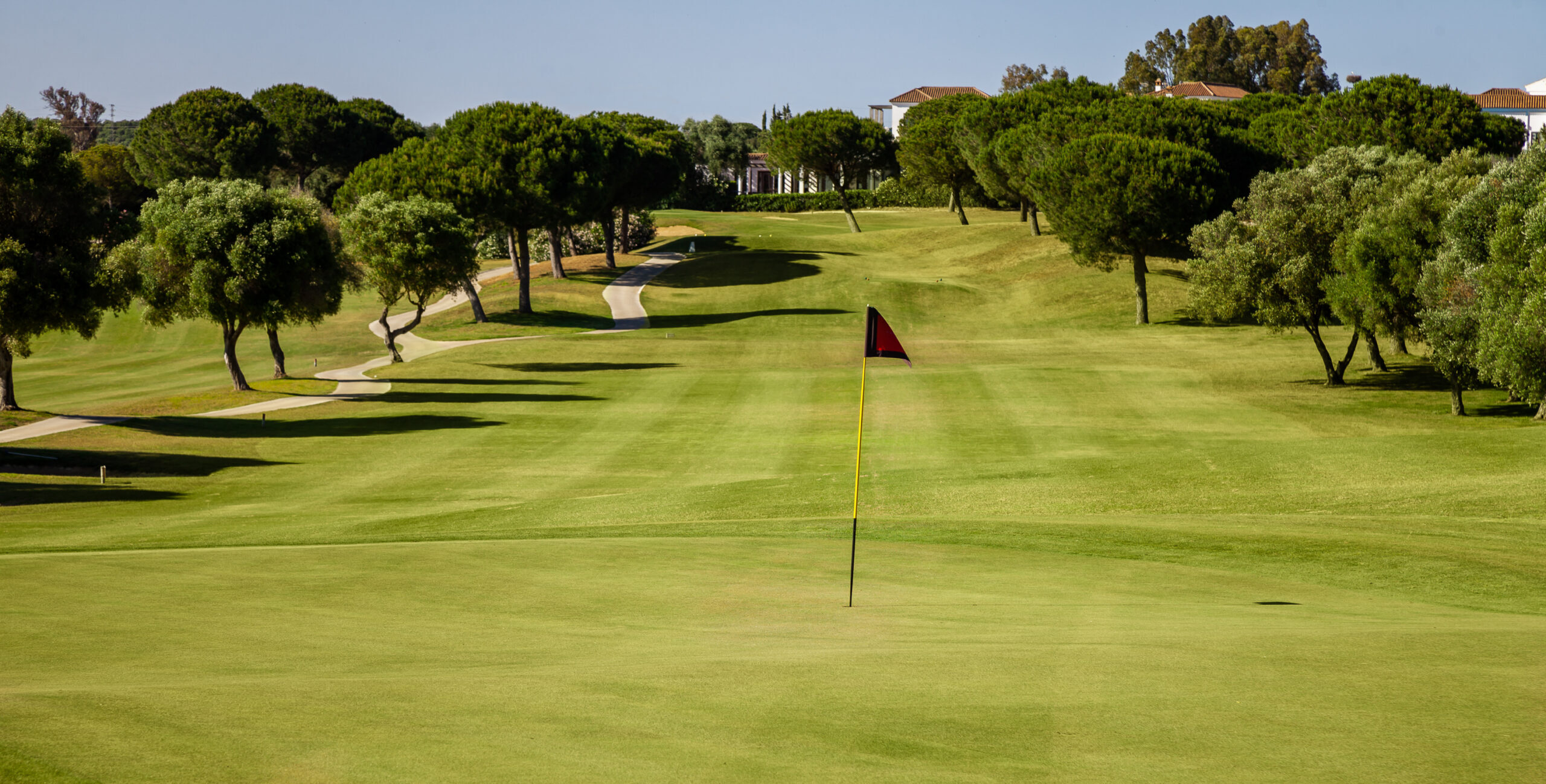 Hole with red flag and trees around at Fairplay Golf Club
