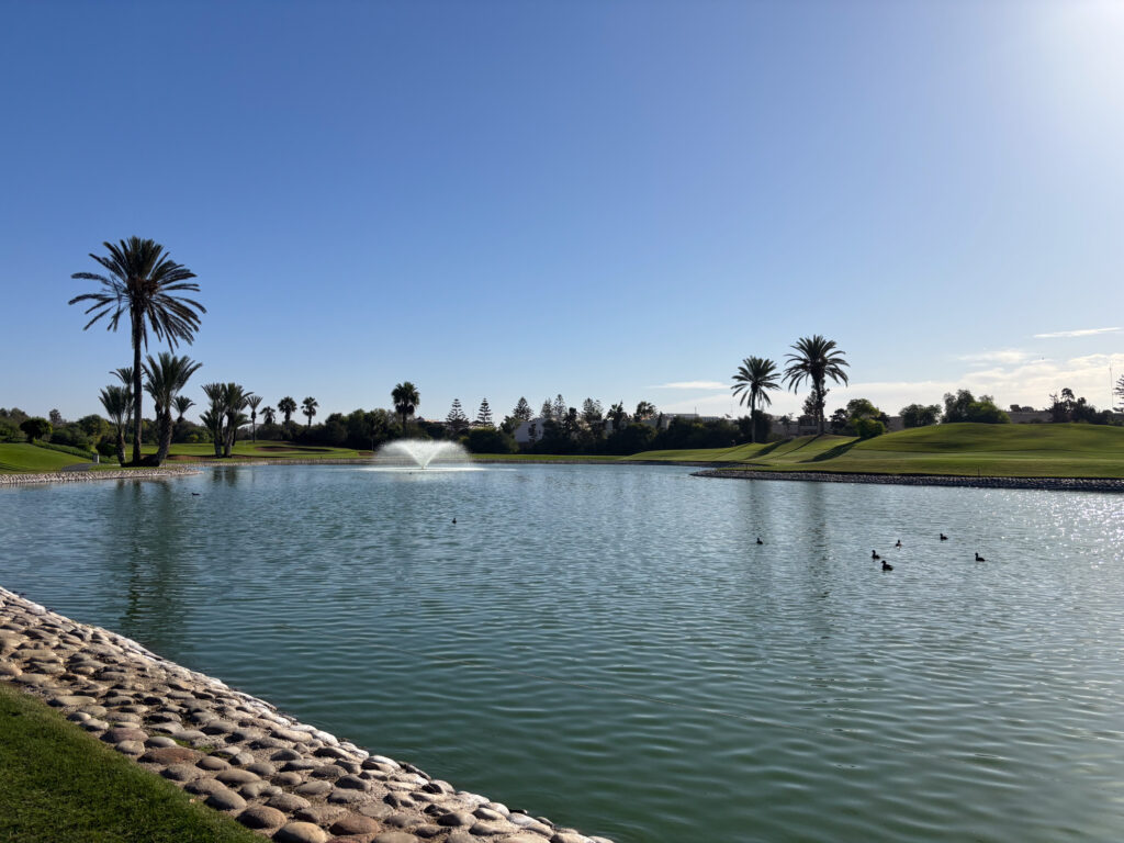 Lake with water fountain and ducklings at Golf du Soleil