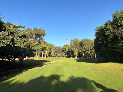 Blue tee box looking down the hole at Golf du Soleil