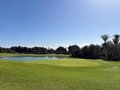 Green with lake on the left and palm trees down the right at Golf Les Dunes Course