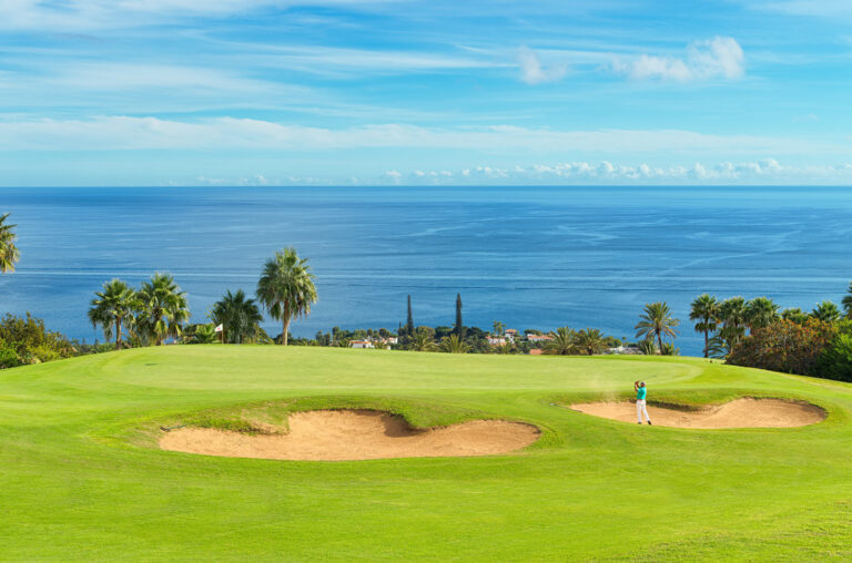 Person chipping out of a bunker with trees around overlooking the ocean