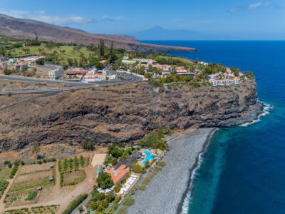Aerial view of the area surrounding Hotel Jardin Tecina overlooking the ocean