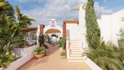 Path leading to outdoor seating area at Hotel Jardin Tecina with trees around