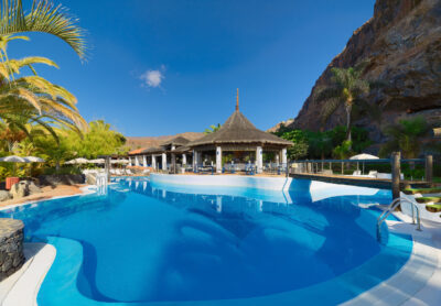 Outdoor pool with a bar with a straw roof, with trees around on a sunny day