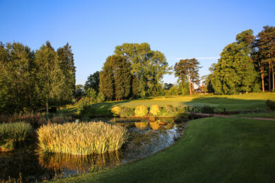 Pond on fairway with trees lining it on a sunny day