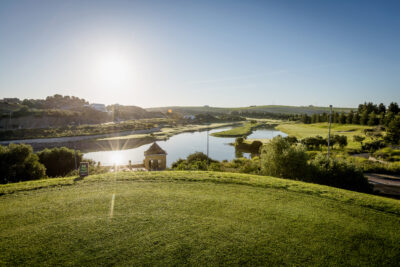 Tee box overlooking lake