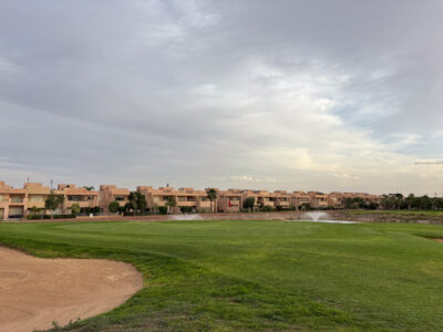 Greenside view overlooking the two water fountains and greenside bunker
