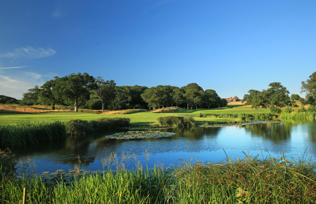 Lake on fairway with trees around and a blue sky