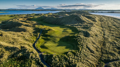 Aerial view of Enniscrone Golf Club with ocean in background