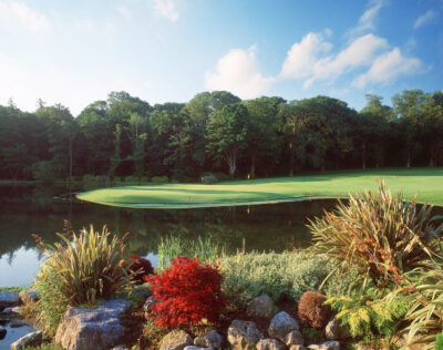 Lake on fairway with trees in distance at Fota Island - The Deerpark Course