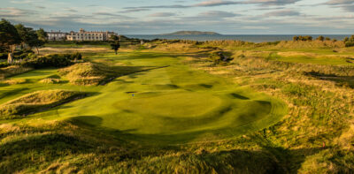 Hole with water hazard at Jameson Golf Links with ocean in background