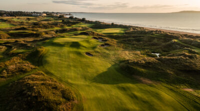 Fairway at Jameson Golf Links leading to a hole with bunkers at Jameson Golf Links with the beach in the background
