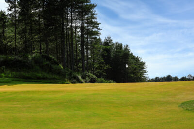 Hole with white flag at Formby Golf Club with trees around