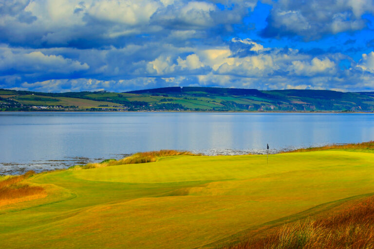 Golf hole with lake view