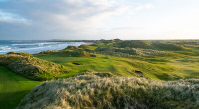 Aerial view of Hole with bunkers and mounds at Trump International Golf Links - Doonbeg with ocean view