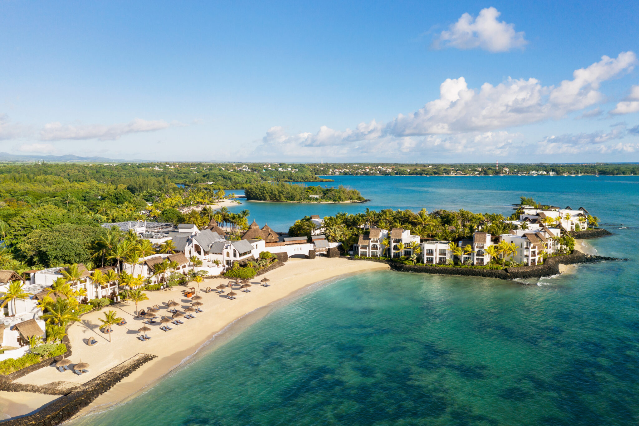 Aerial view of Shangri-La Le Touessrok and the white sandy beaches