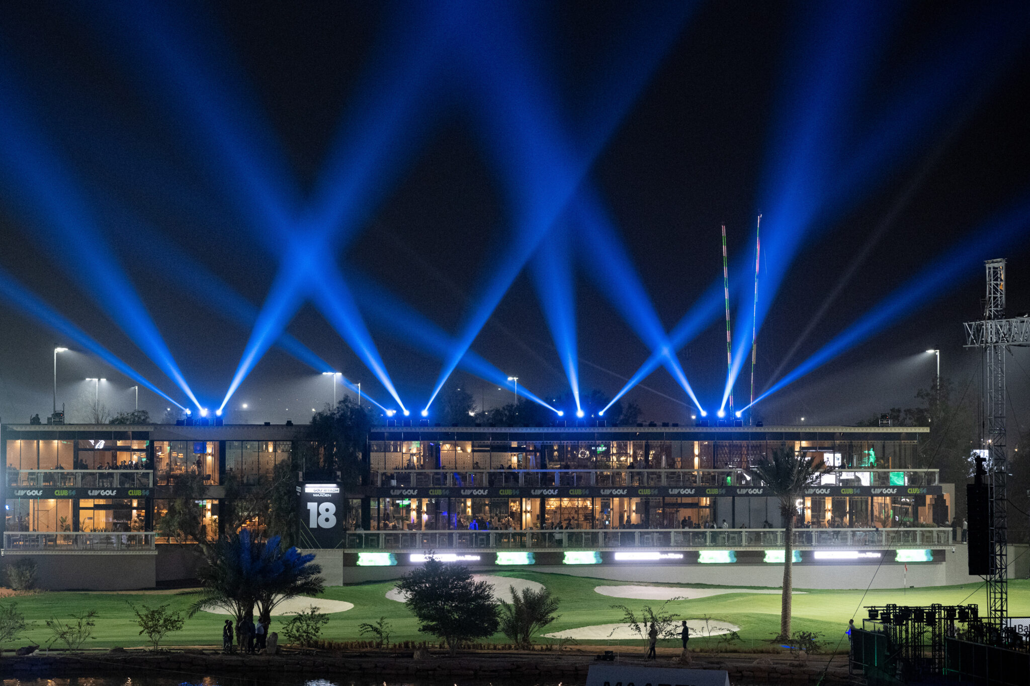 A laser light show seen over the 18th green at LIV Golf Riyadh